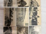 several old black and white photographs of people on a train track