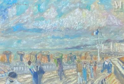 une peinture représentant un groupe de personnes marchant sur la plage