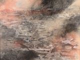 an image of a painting of a boat on a body of water with smoke coming out of it