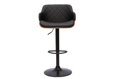 un tabouret de bar en cuir noir avec une assise en bois et un repose-pieds