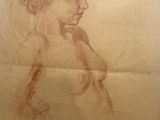 an old drawing of a woman in a dress on a piece of paper