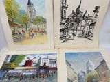 trois tableaux représentant une scène de rue avec des bâtiments et une tour horloge