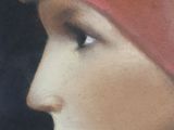 painting of a woman with a red hat and red lipstick
