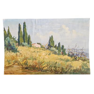 un tableau représentant un champ avec des arbres et des buissons au premier plan