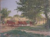 a painting of a group of cows drinking water from a stream