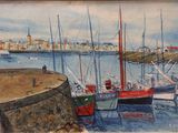 painting of boats docked in a harbor with a city in the background