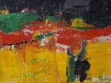 tableau représentant un homme marchant dans un champ avec un parapluie rouge et jaune