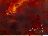 a painting of a goldfish swimming in a pond of water