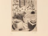 un dessin en noir et blanc représentant une cuisine avec des casseroles et des poêles