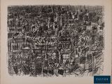 un dessin en noir et blanc représentant un paysage urbain avec des bâtiments