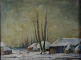 an oil painting of a snowy landscape with houses and trees in the foreground