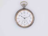 a silver pocket watch with a white face on a white surface