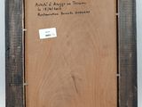 an old picture frame with a note attached to it with a clip