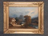 une image représentant un tableau représentant un paysage avec une maison et une rivière