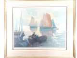 framed painting of boats in the water with people on them