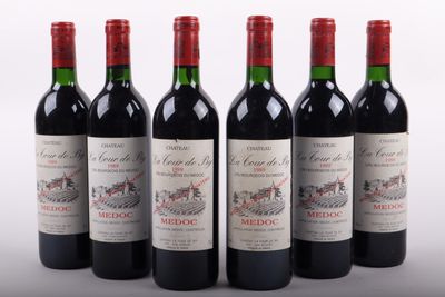 six bouteilles de vin rouge sont alignées