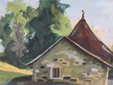 a painting of a small building in the middle of a field