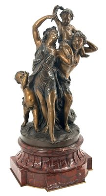 an image of a bronze statue of two women and a dog