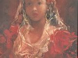 portrait of a young girl in a red dress with roses in her hair