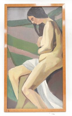 painting of a woman sitting on a chair in front of a white wall