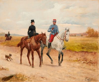 tableau représentant deux hommes à cheval sur un chemin de terre, accompagnés d'un chien