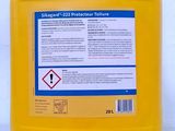 a close up of a yellow container with a label on it