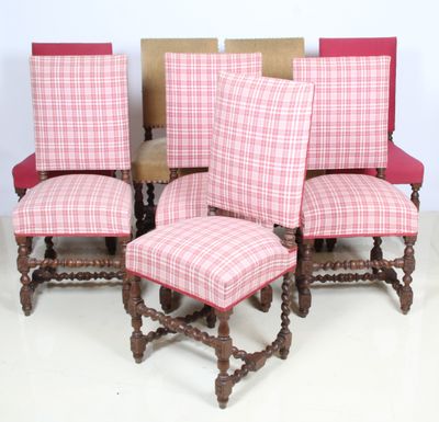four red and white checkered chairs with matching foot stools