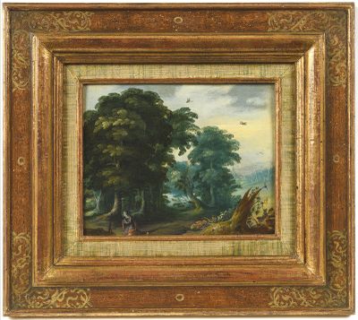 un tableau représentant un paysage boisé avec des personnages au premier plan