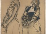 dessin représentant deux femmes tenant un chien dans leurs bras