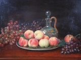 a painting of a plate of fruit on a table