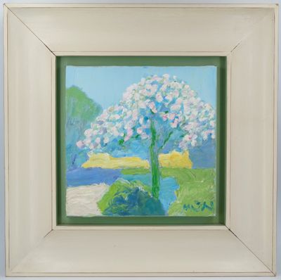 une peinture à l'huile représentant un arbre aux fleurs blanches, dans un cadre blanc