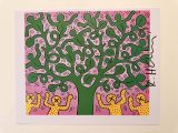 a picture of a painting of a tree with people around it