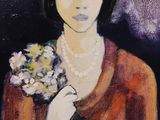 painting of a woman with a bouquet of flowers in her hand
