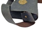 an old leather case with a gold badge on it