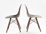 two chairs with wooden legs and a grey seat on a white background