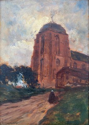 une peinture à l'huile représentant une femme marchant sur un chemin de terre, devant une église