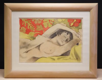 painting of a nude woman laying on a bed in a wooden frame