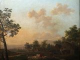 painting of a farm scene with cows grazing in a pasture
