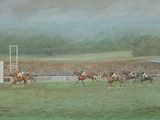 a painting of a horse race with jockeys and horses