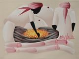 a painting of a man preparing food on a table