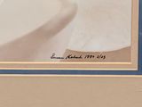 an old photo of a white bowl on a table with a blue border