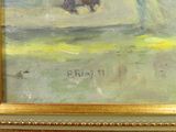 a painting of a man riding a horse in a field
