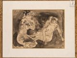 drawing of two nudes sitting on the ground in front of a wall