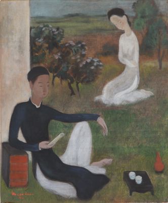 painting of two women sitting on the grass in front of a window