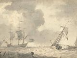 painting of a group of ships in rough water with smoke coming out of the sky