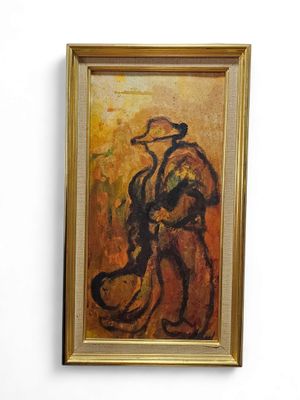 painting of a man holding a tennis racquet on a white wall