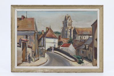 an image of a painting of a street with a church in the background