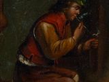 a painting of a man sitting on a stool smoking a cigarette