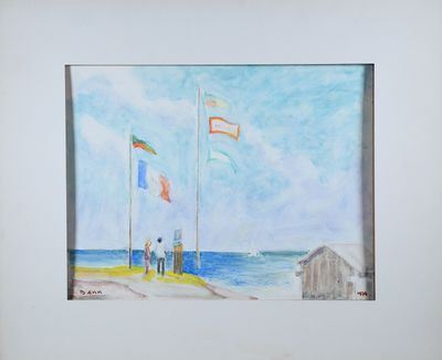 un tableau représentant deux personnes debout sur la plage avec des drapeaux