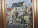 an oil painting of a street scene with buildings and a gate